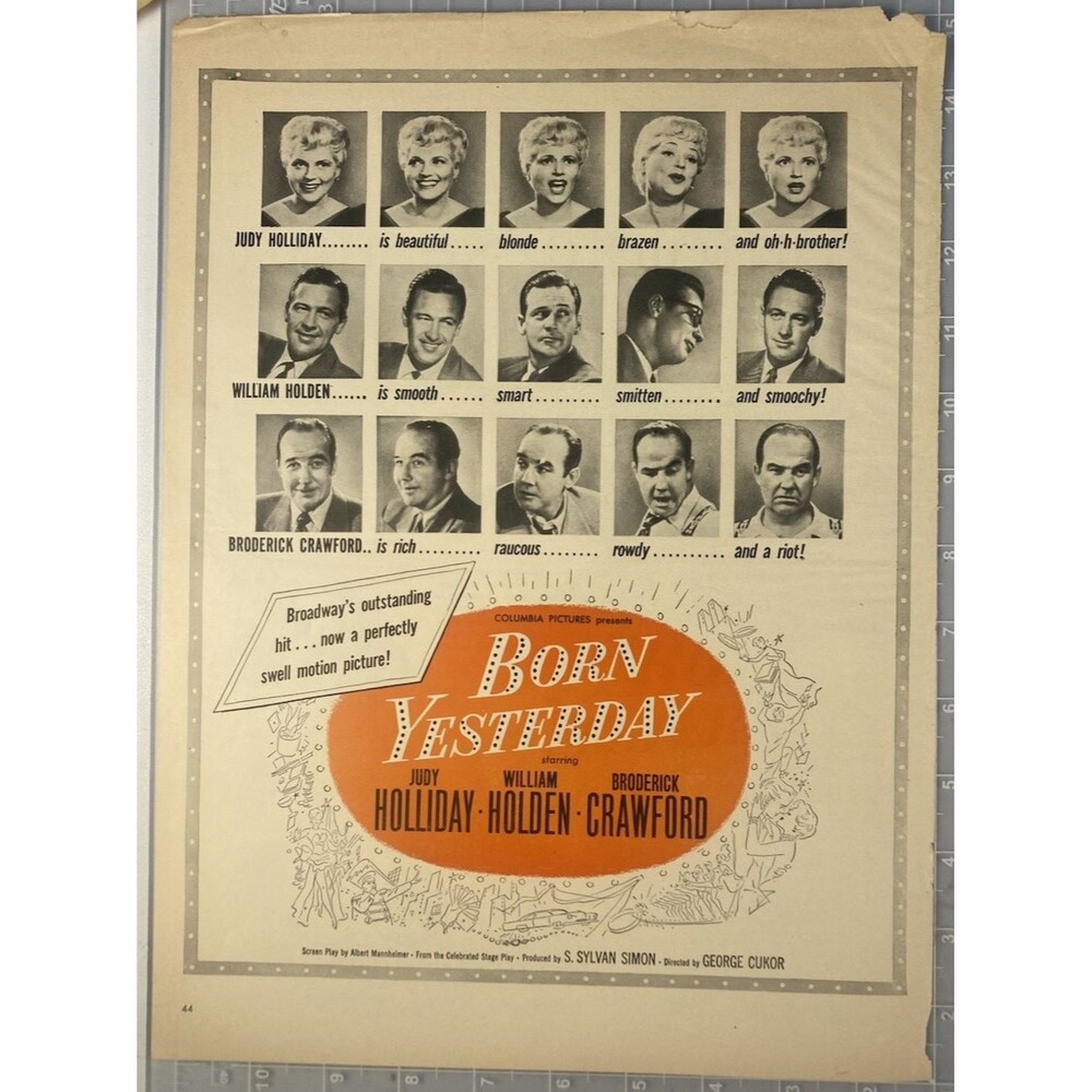 Judy Holliday "Born Yesterday" Movie Vintage Print Ad Circa 1950 William Holden